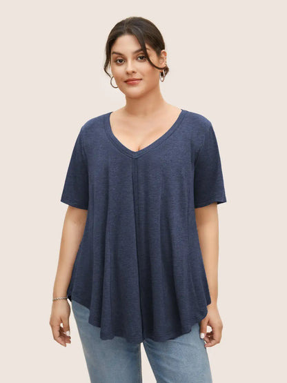 Solid Heather V Neck Curved Hem T-Shirt