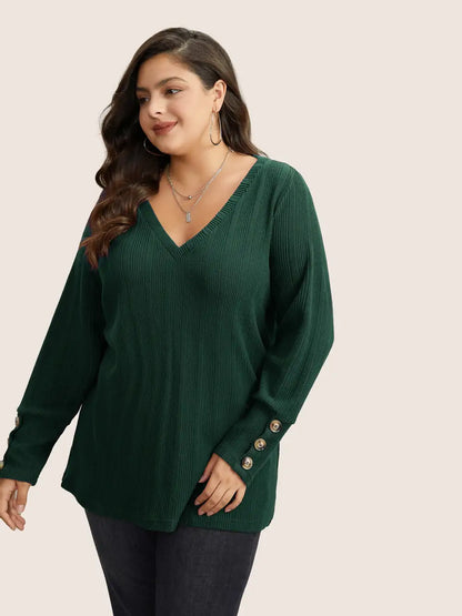 Rib Knit V Neck Button Detail T-Shirt