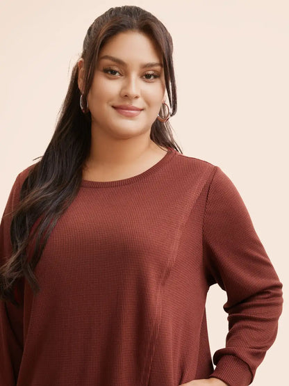 Solid Waffle Knit Overlap Hem T-Shirt