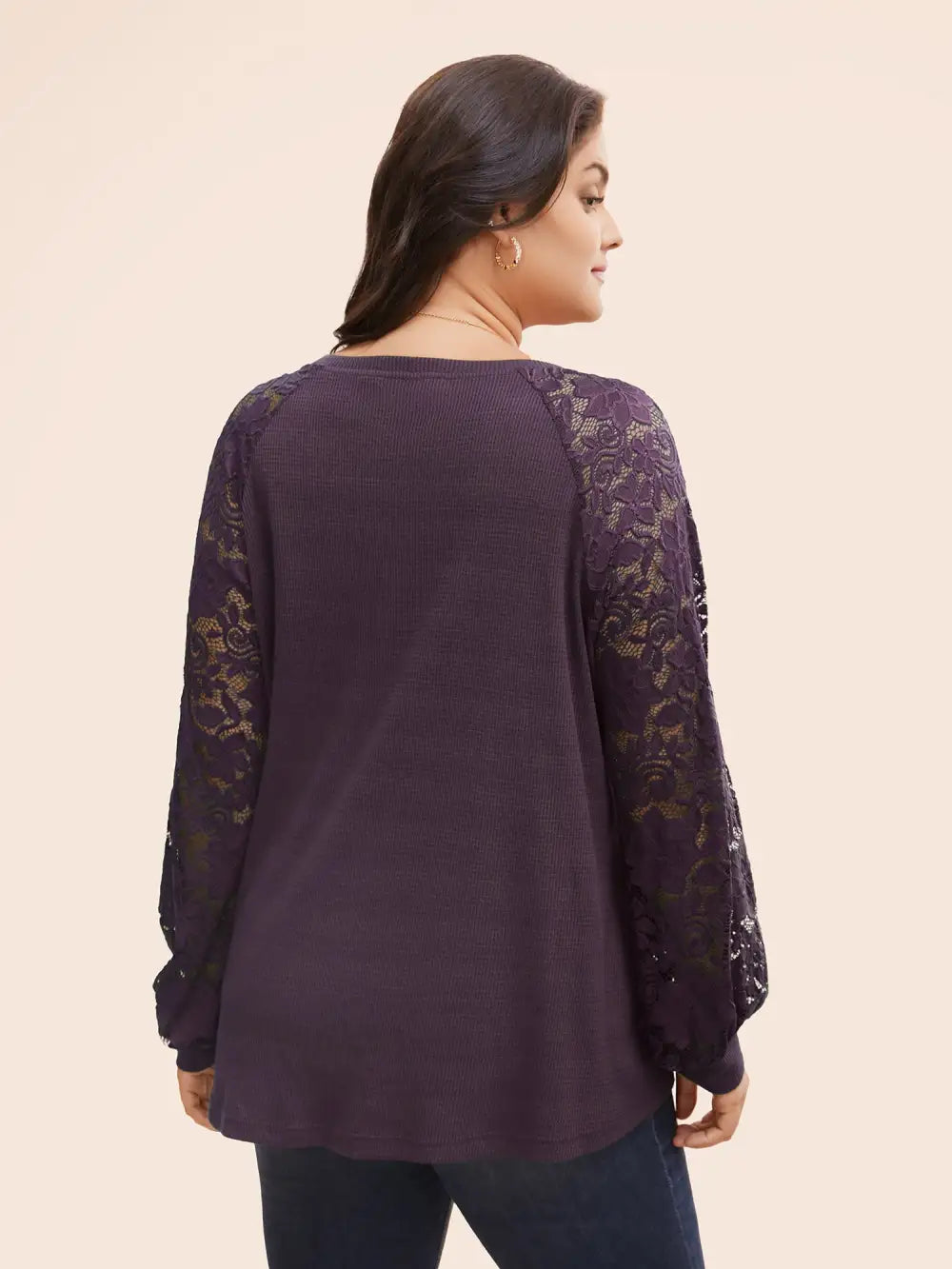 Plain Lace Panel Round Neck Raglan Sleeve T-Shirt