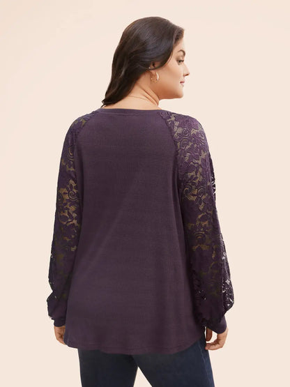 Plain Lace Panel Round Neck Raglan Sleeve T-Shirt