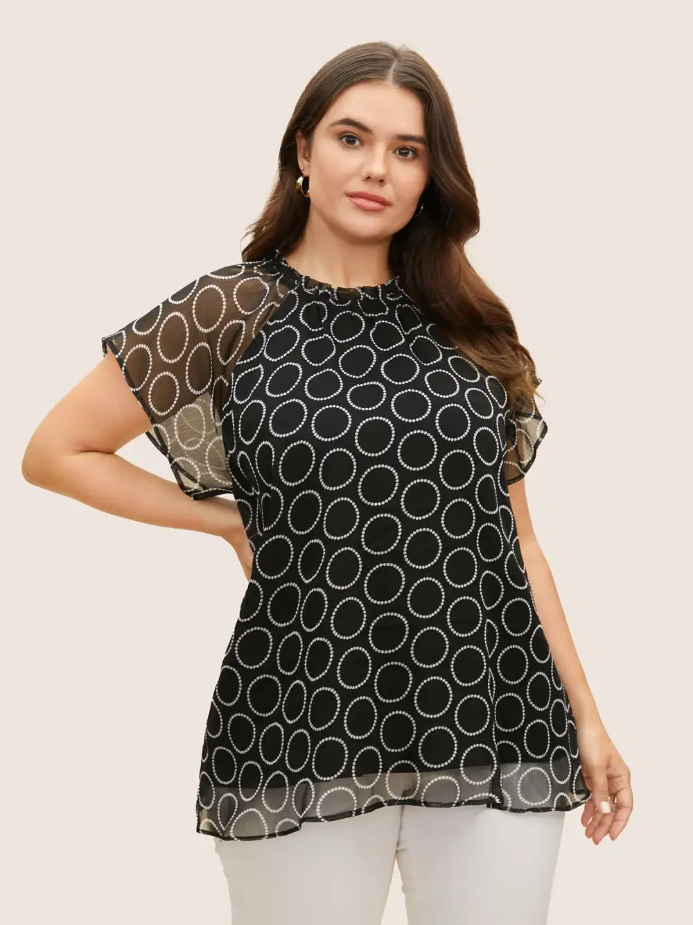 Polka Dot Mock Neck Mesh Patchwork Blouse