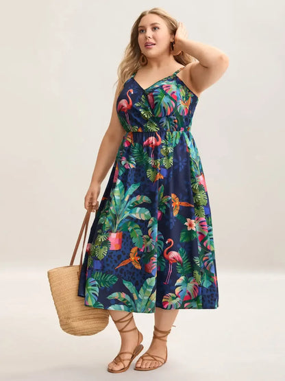 Tropical Pattern Surplice Pockets Midi Dress