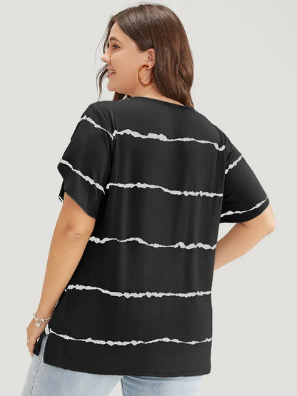 Striped Contrast Petal Sleeve T-shirt