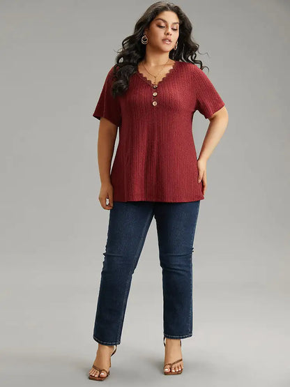 Lace Trim Plisse Button Detail T-Shirt