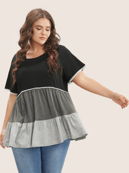 Colorblock Contrast Ruffle Tiered T-Shirt