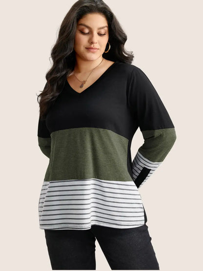Colorblock Contrast Striped V Neck T-Shirt