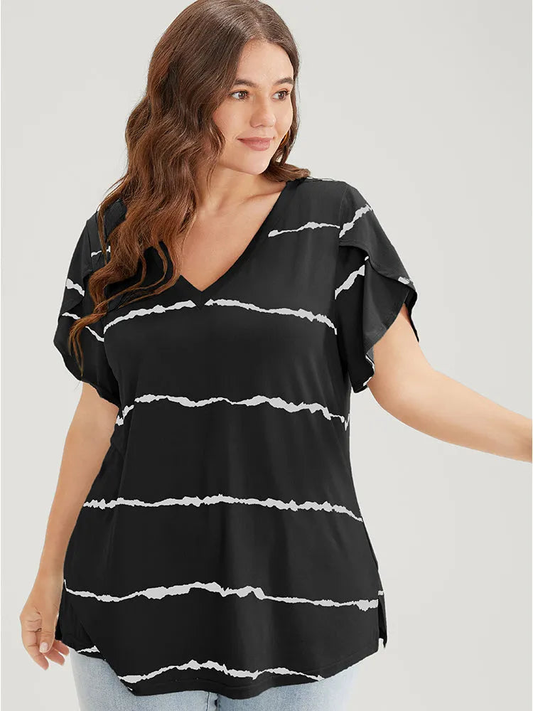 Striped Contrast Petal Sleeve T-shirt