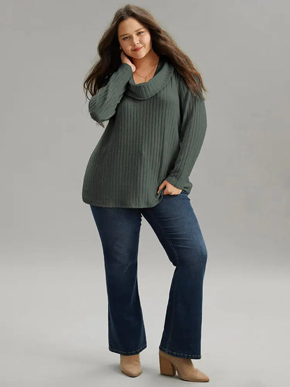 Plain Rib Knit Cowl Neck T-Shirt