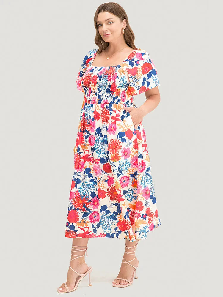 Floral Backless Shirred Square Neck Pocket Ruffle Hem Dress