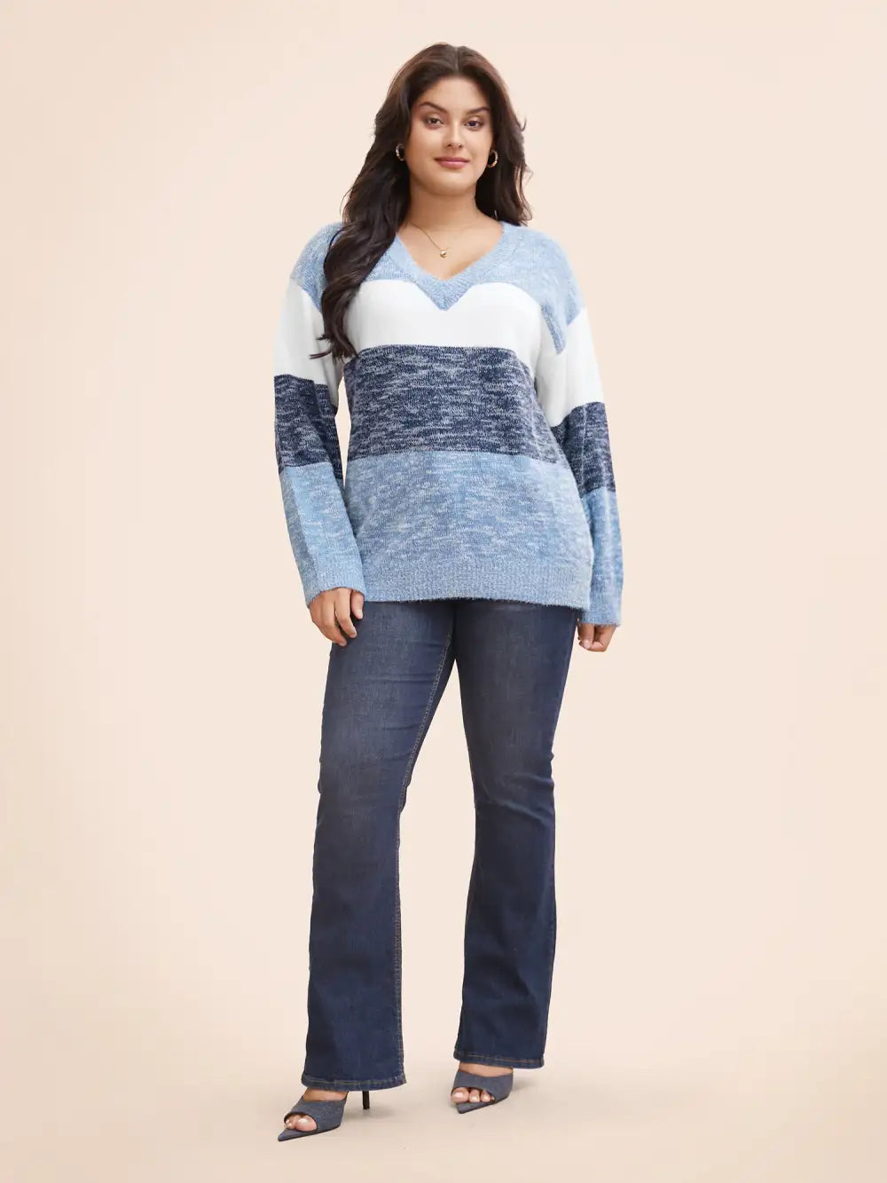Colorblock Contrast Super Soft Plush Knit V Neck Pullover