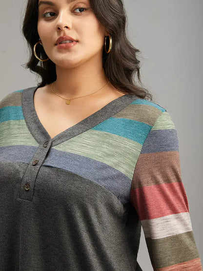 Colorblock Contrast V Neck Button Up T-Shirt