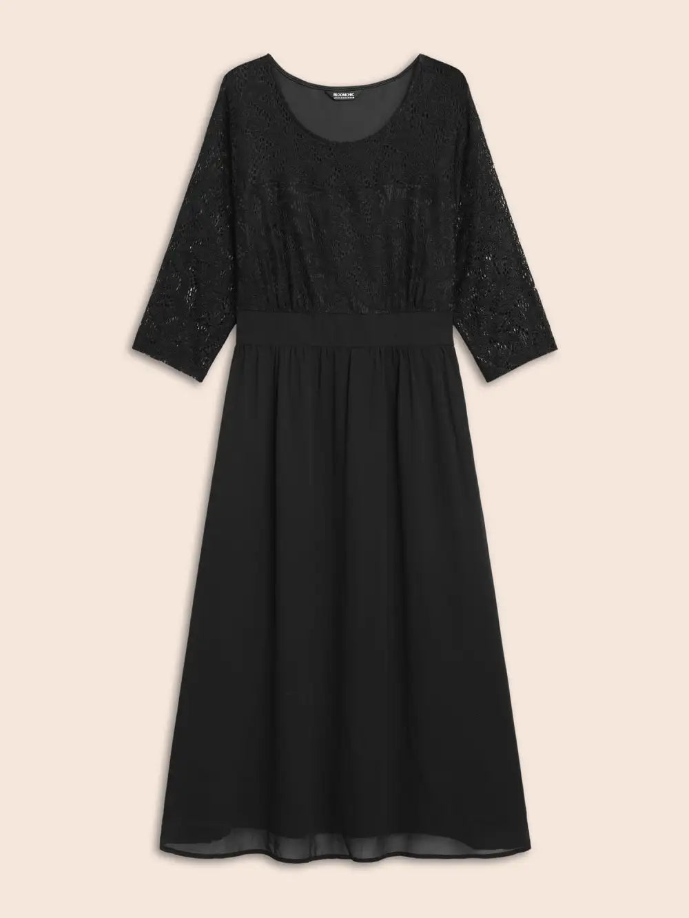 Lace Patchwork Shirred Midi Pocket Dress
