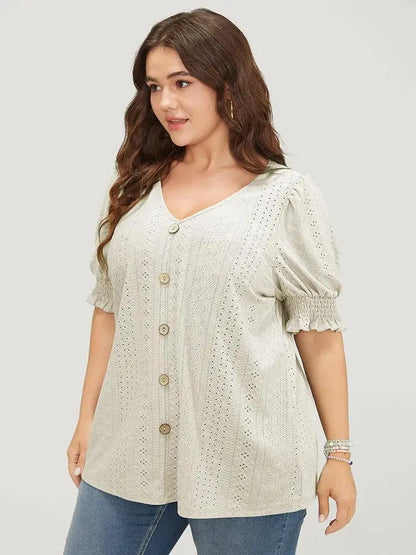 Plain Broderie Anglaise Shirred Puff Sleeve Button Detail T-shirt