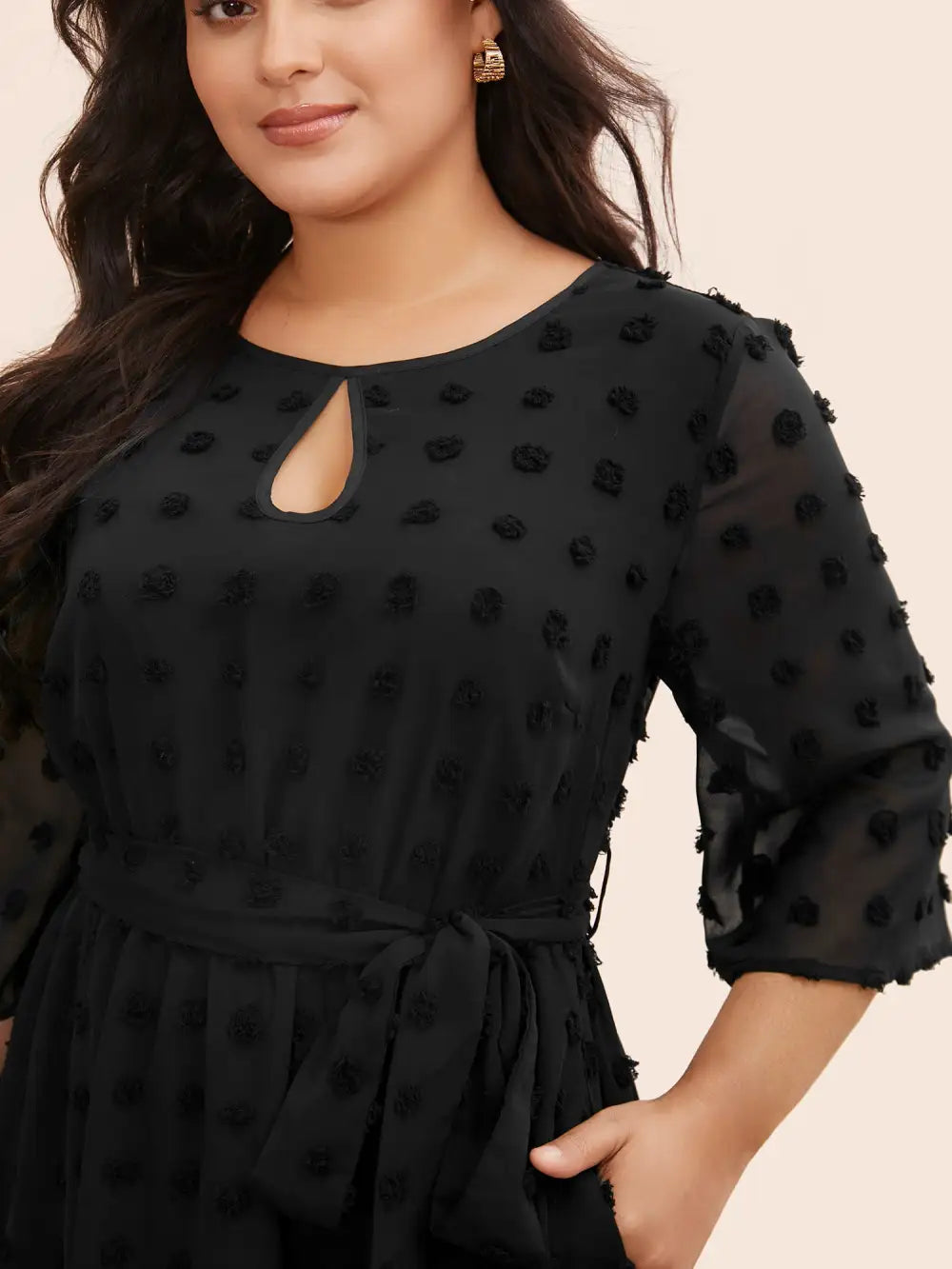 Chiffon Jacquard Patchwork Mesh Keyhole Dress