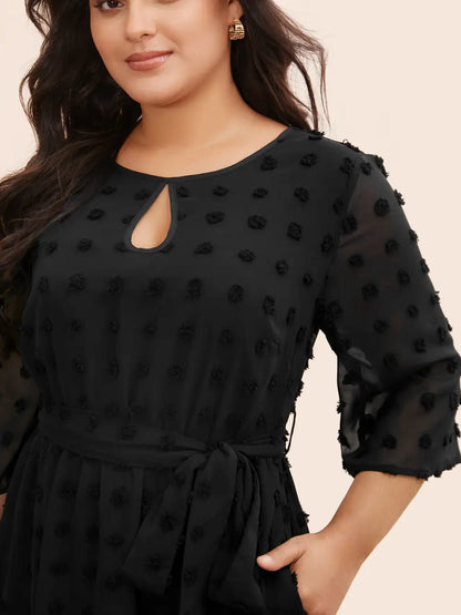 Chiffon Jacquard Patchwork Mesh Keyhole Dress