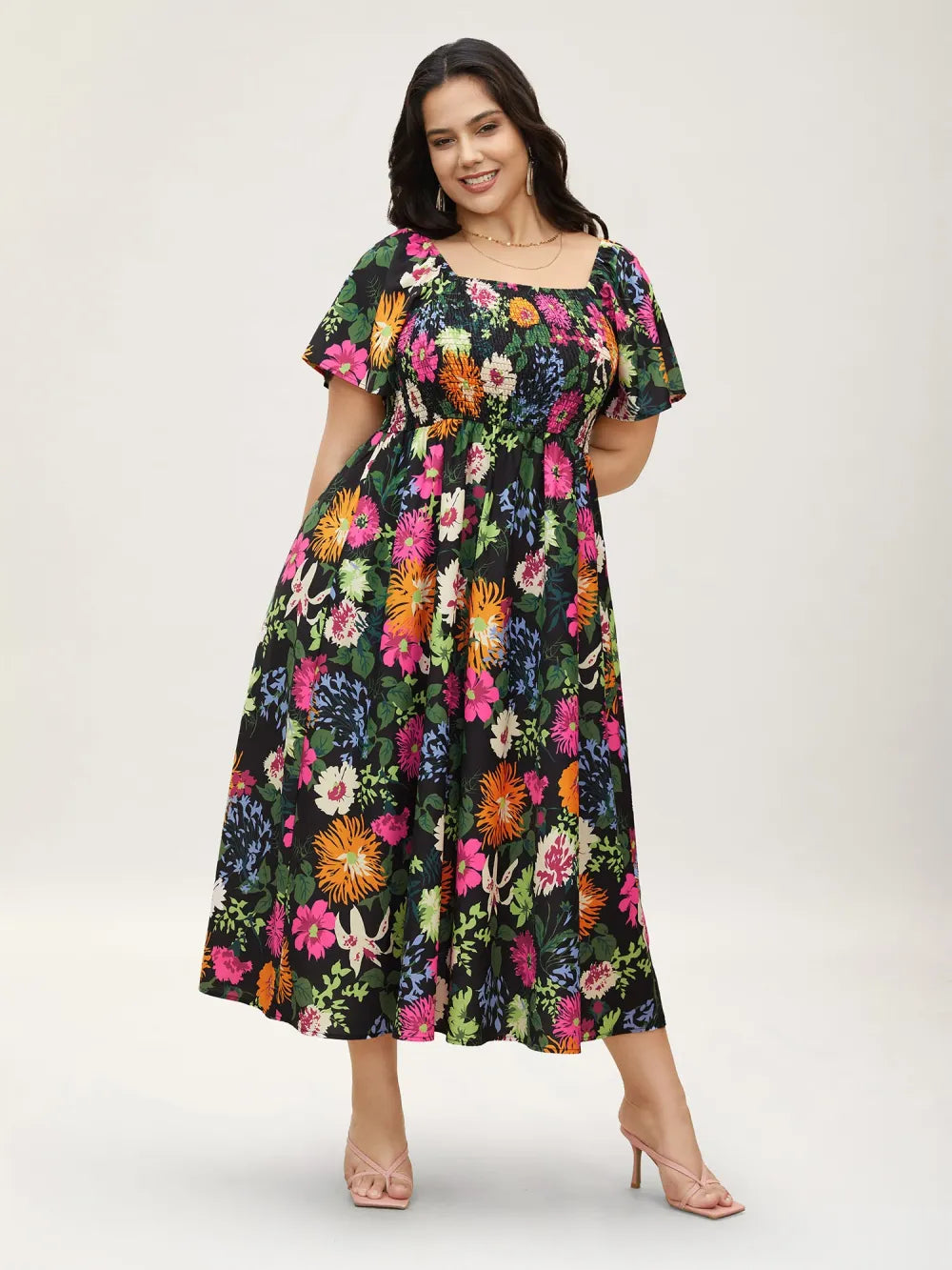 Floral Backless Shirred Square Neck Pocket Ruffle Hem Dress