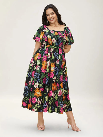 Floral Backless Shirred Square Neck Pocket Ruffle Hem Dress