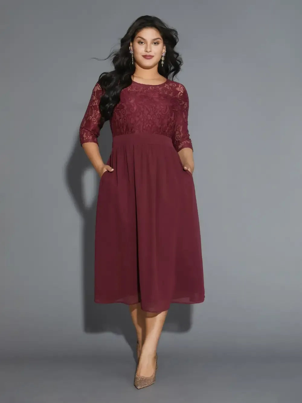Lace Patchwork Shirred Midi Pocket Dress