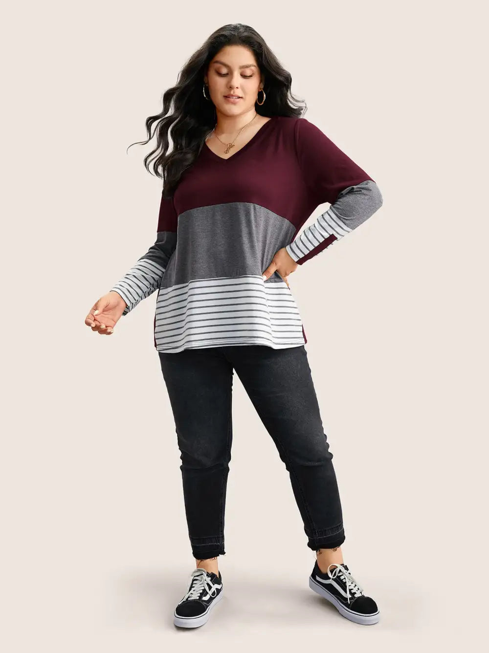 Colorblock Contrast Striped V Neck T-Shirt