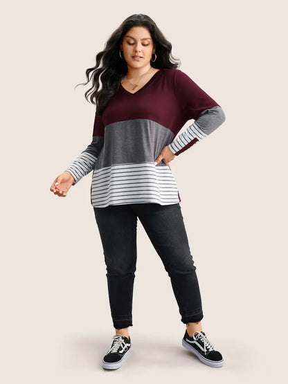 Colorblock Contrast Striped V Neck T-Shirt