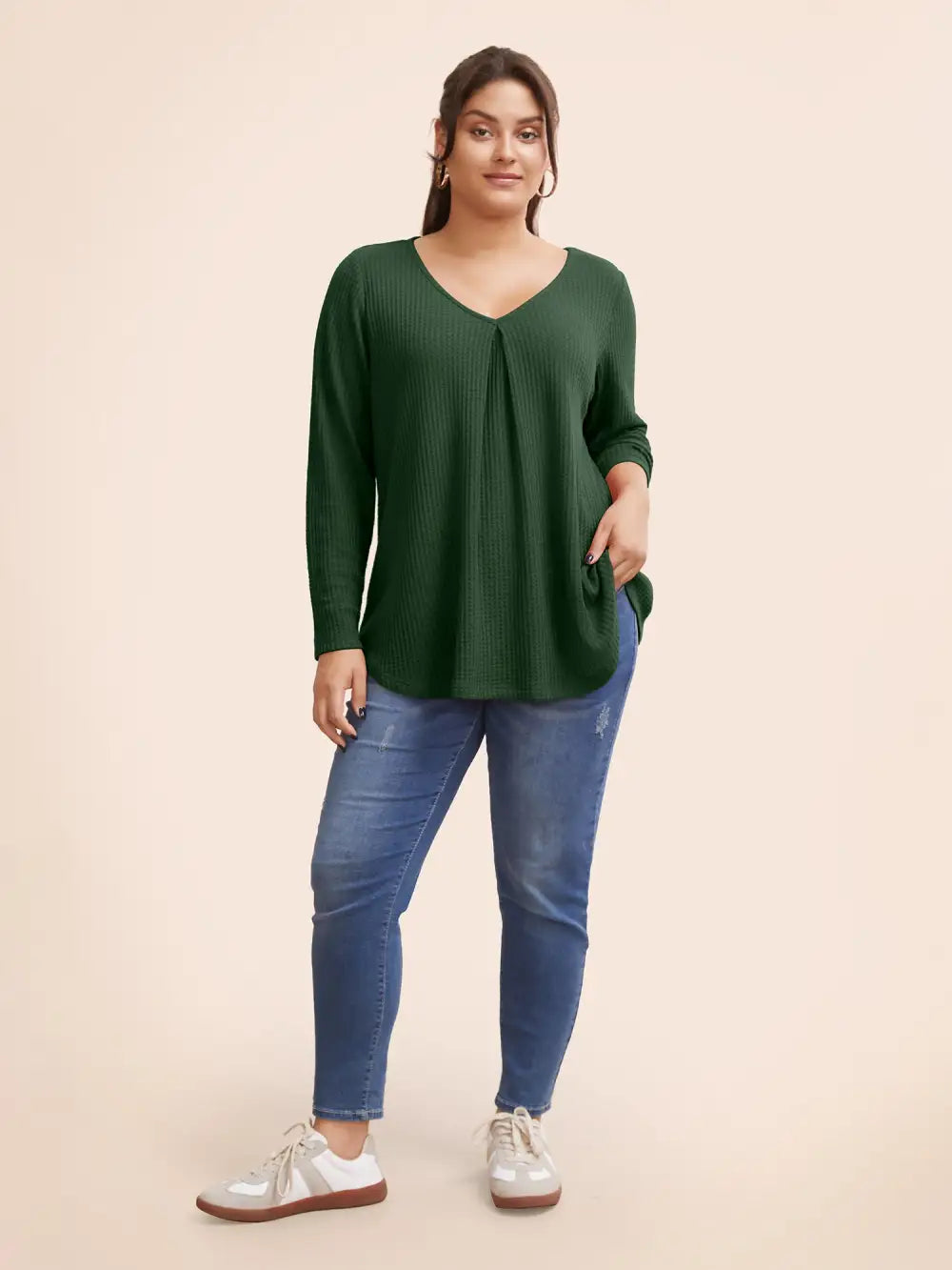 Plain Waffle Knit Scoop Neck Plicated Detail T-Shirt