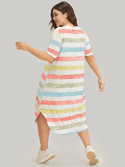 Striped Contrast Arc Hem V Neck Pocket Dress
