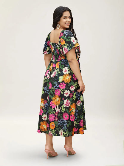 Floral Backless Shirred Square Neck Pocket Ruffle Hem Dress