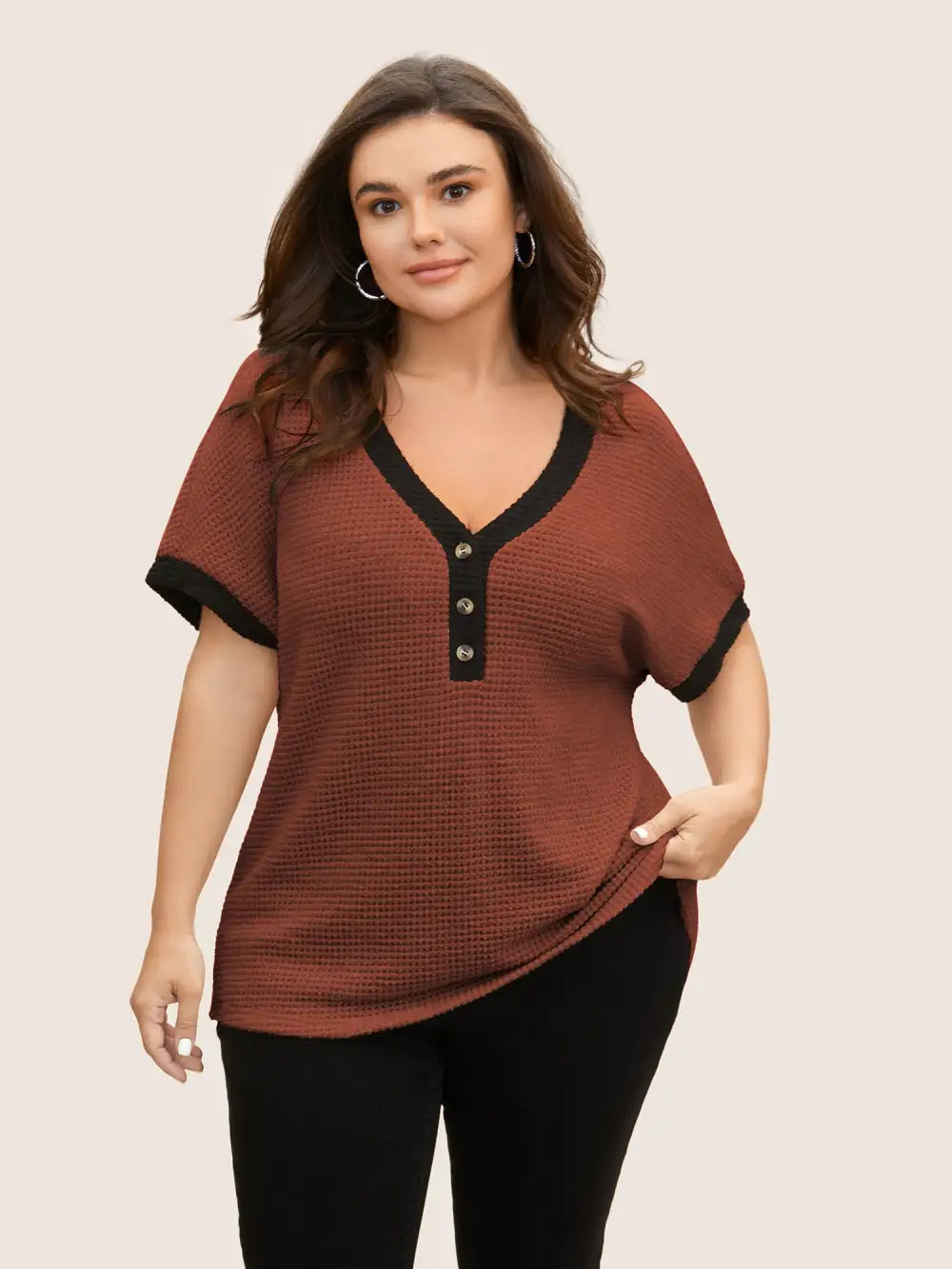 V Neck Contrast Button Detail Knit T-Shirt