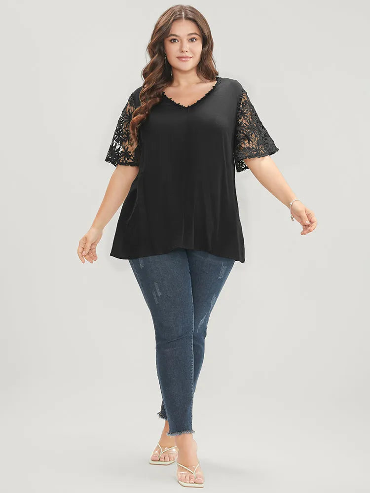 Plain V Neck Floral Patchwork Blouse