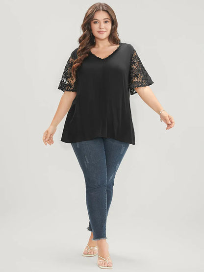Plain V Neck Floral Patchwork Blouse