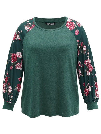 Floral Patchwork Crew Neck Raglan Sleeve T-Shirt
