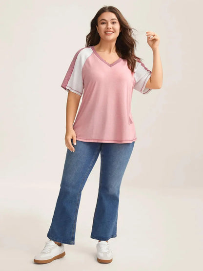 Color Contrast Textured Raglan Sleeve T-Shirt