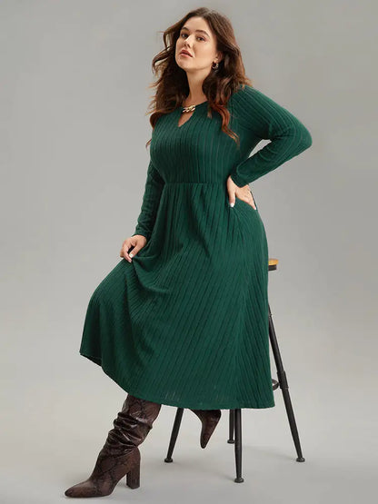 Rib Knit Plain Notched Pocket Dress