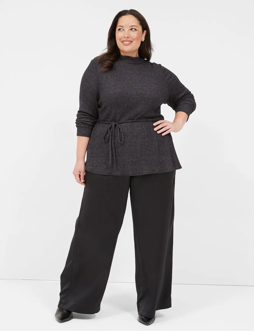 Lurex Mock-Neck Tie-Waist Top