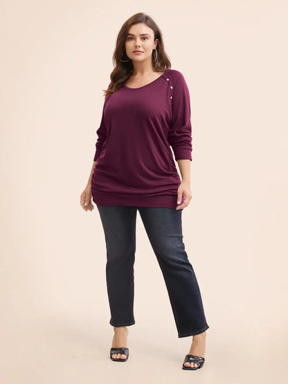 Plain Gathered Button Detail T-Shirt