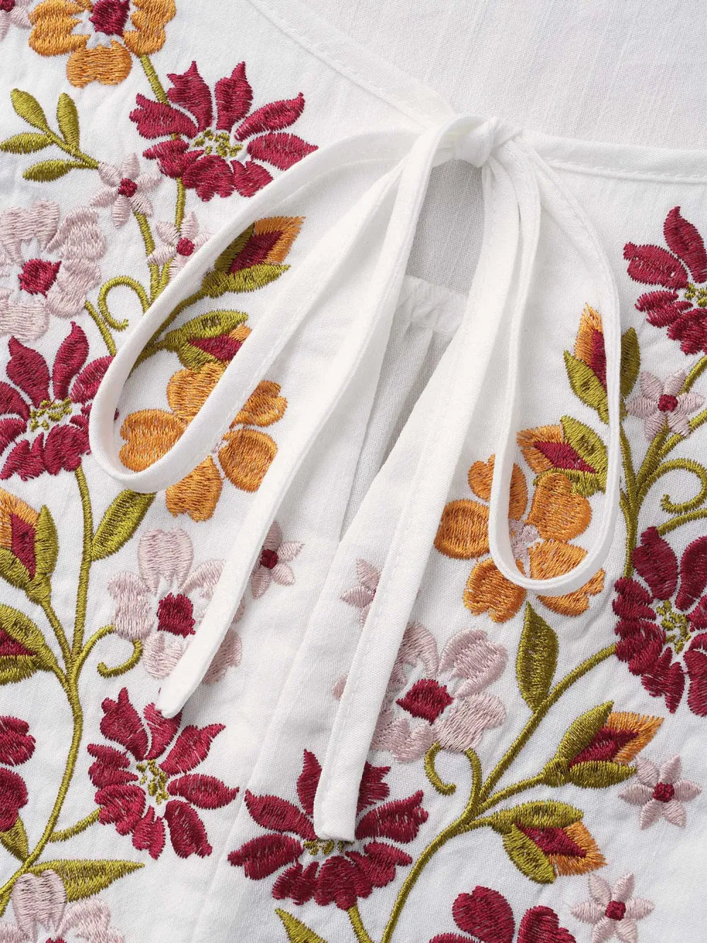 Floral Embroidered Tie Knot Lantern Sleeve Blouse