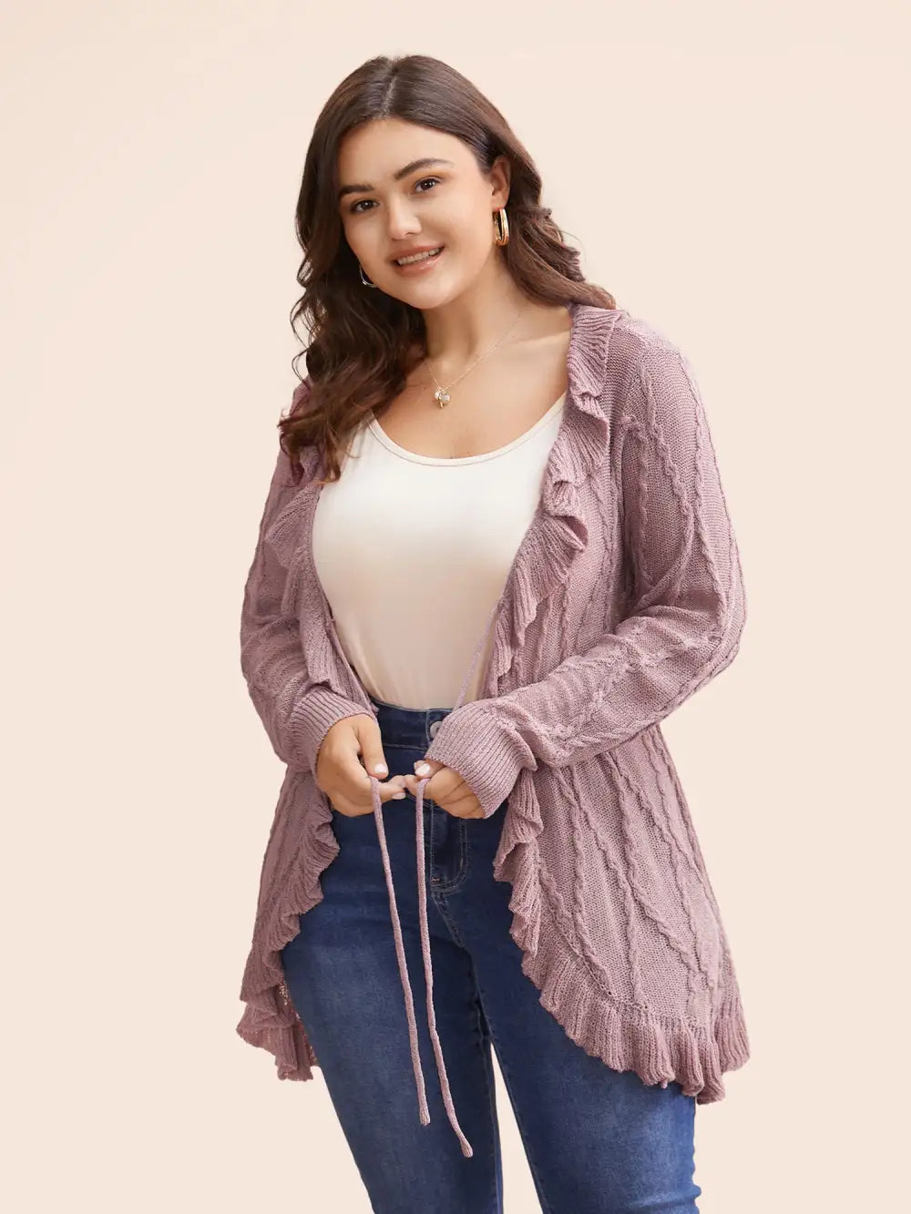 Ruffle Trim Ties Cable Knit Cardigan