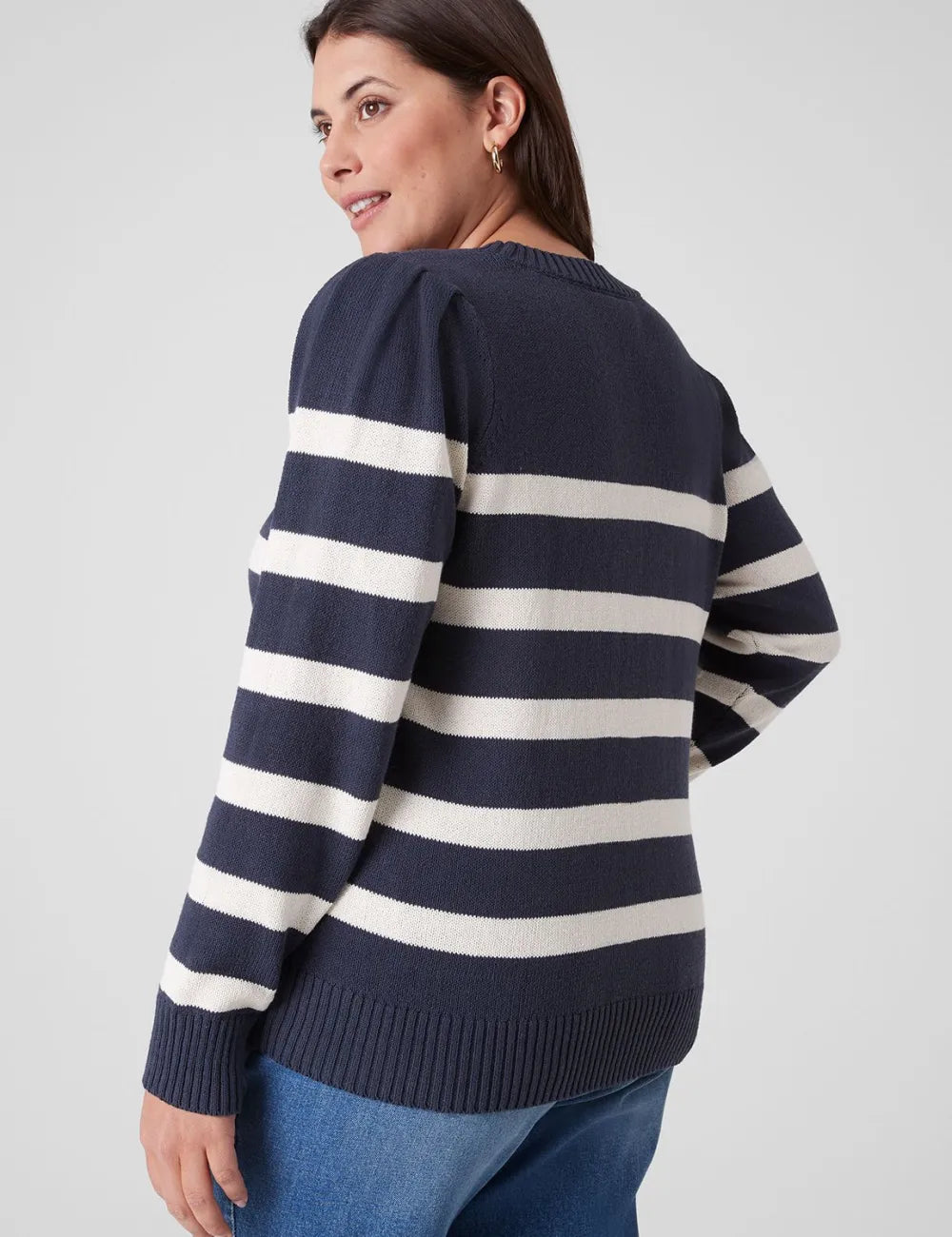 Puff-Sleeve Crew-Neck Striped Sweater