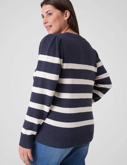 Puff-Sleeve Crew-Neck Striped Sweater
