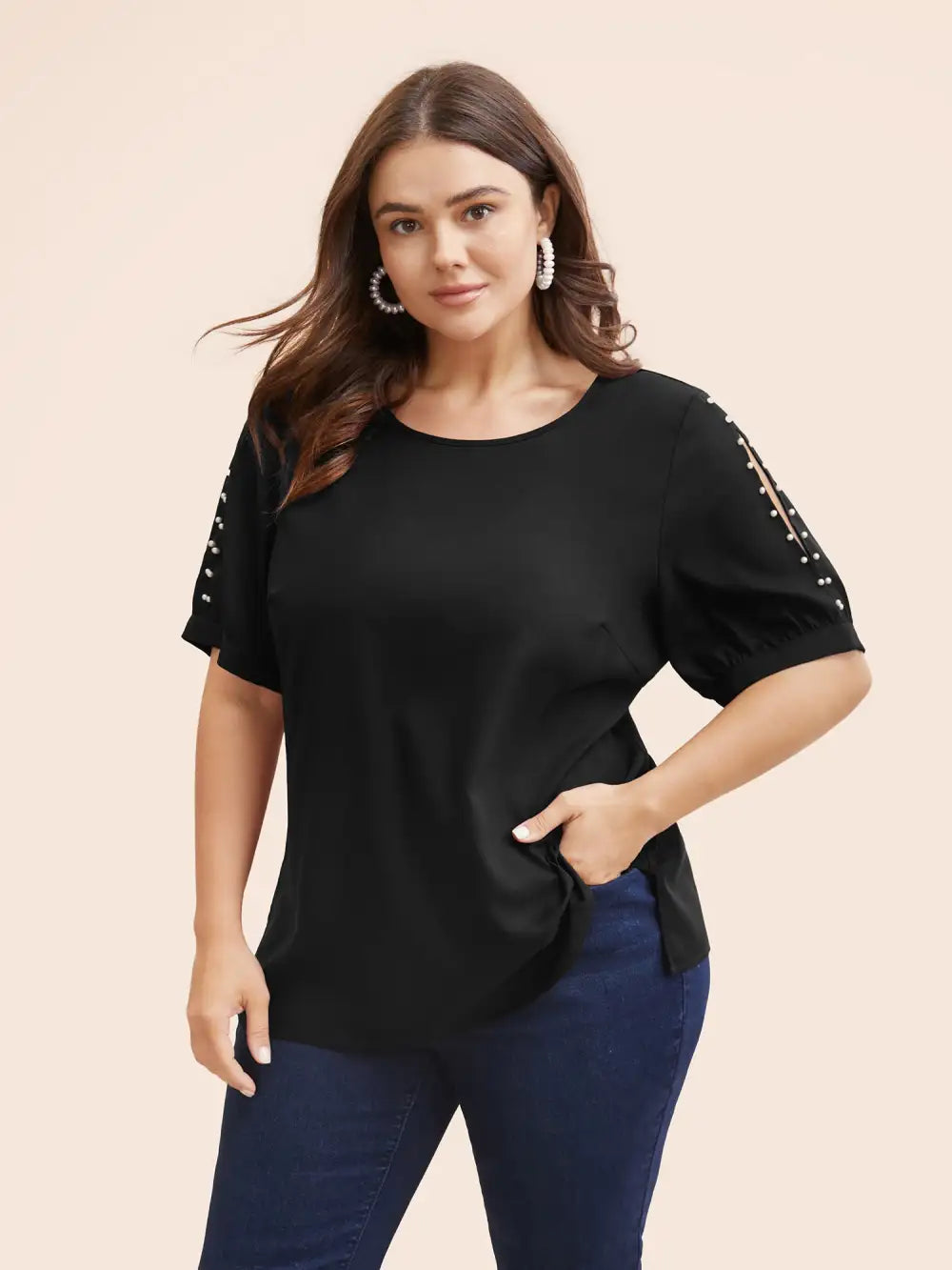 Round Neck Pearl Beaded Cut Out Blouse