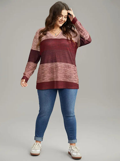 Striped Colorblock Contrast V Neck T-Shirt