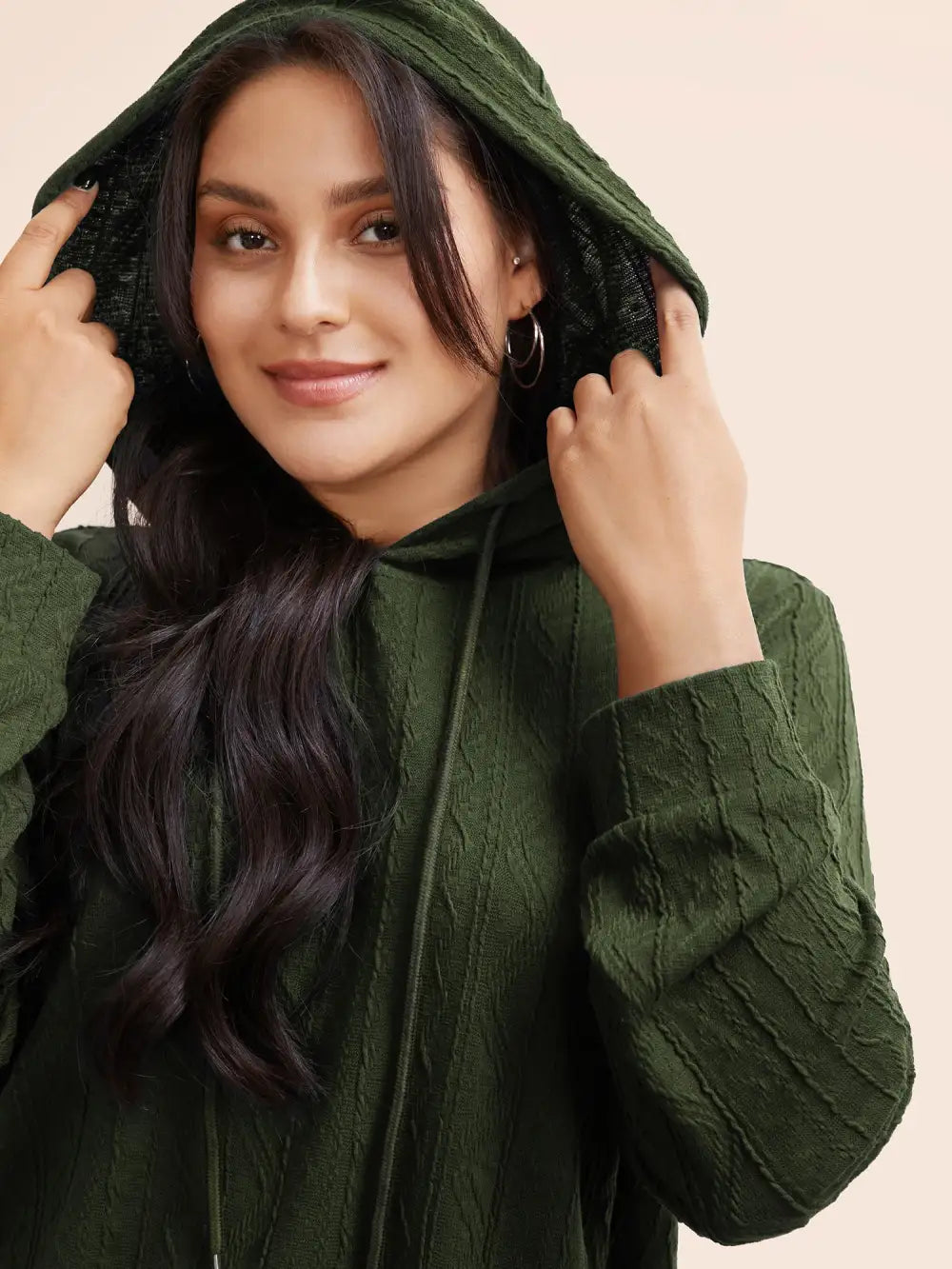 Plain Textured Hooded Drawstring Sweatshirt