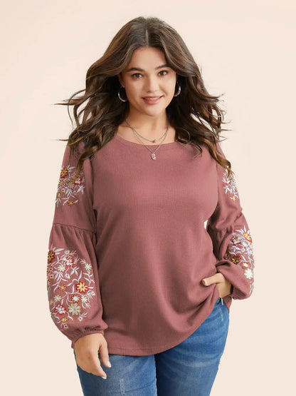Waffle Knit Floral Embroidered Lantern Sleeve T-Shirt