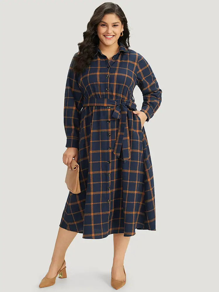 Plaid Shirt Collar Button Fly Belted Dress