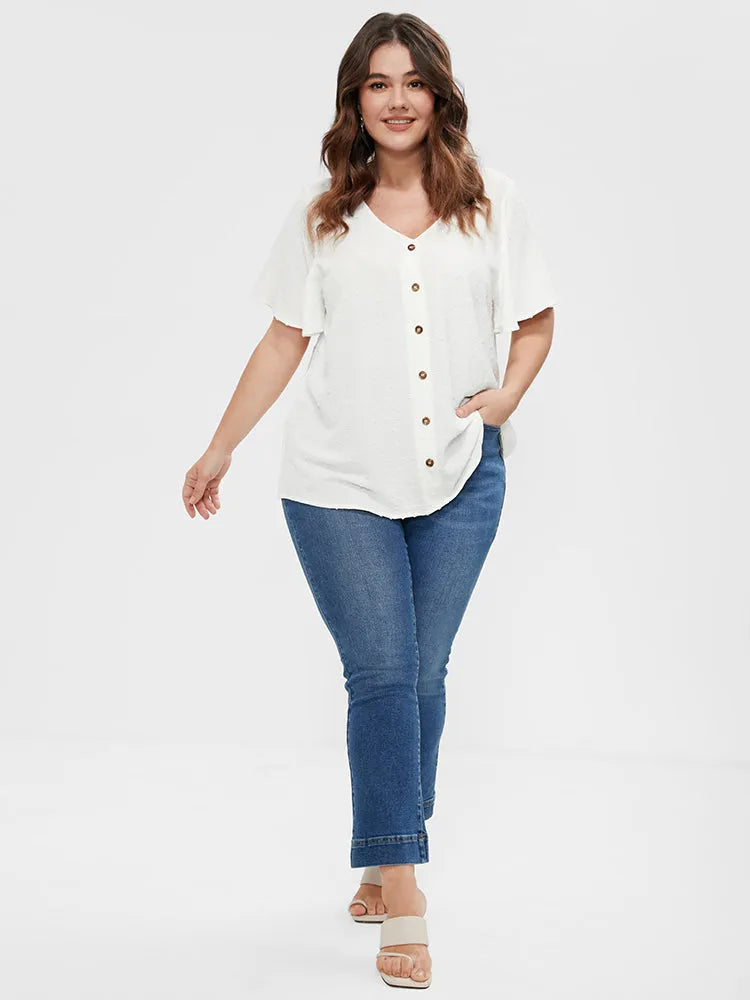 Solid Button V Neck Ruffles Blouse