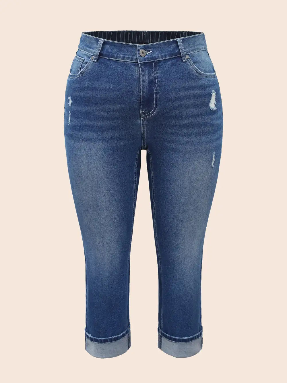 Folded Hem Rip Back Elastic Waist Jeans