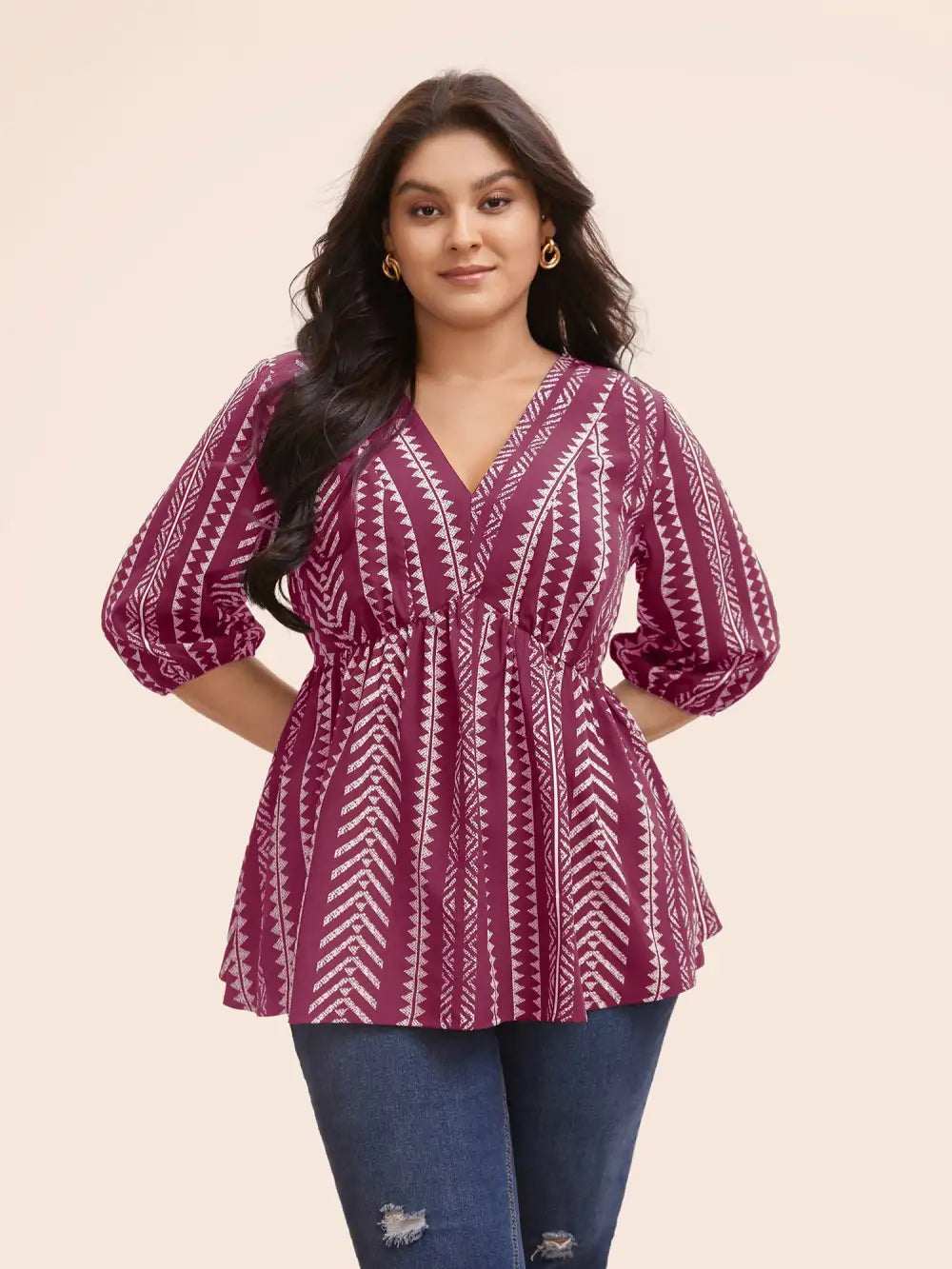 Bandana Geometric Lantern Sleeve Gathered Blouse
