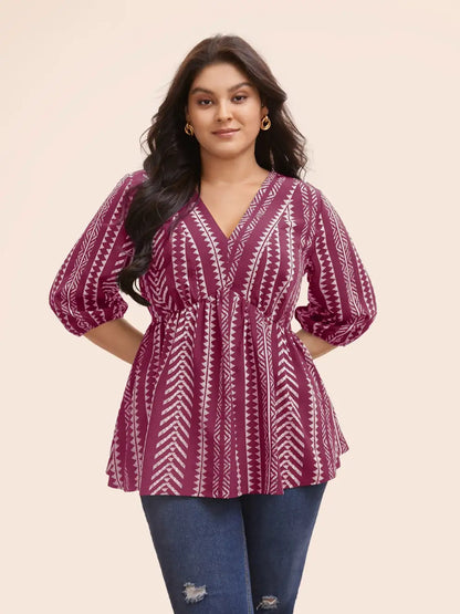 Bandana Geometric Lantern Sleeve Gathered Blouse