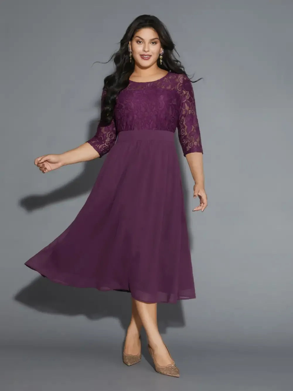 Lace Patchwork Shirred Midi Pocket Dress